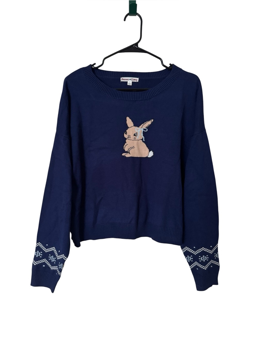 Sweet Envy Navy Blue Cropped Bunny Knit Sweater Coquette Kawaii Preppy Bow Sz L